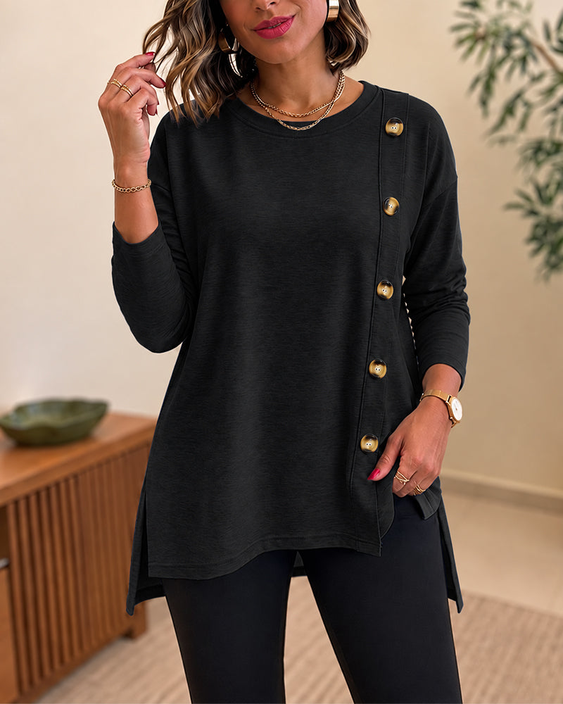 CHICMELIVE Womens Long Sleeve Tops with Buttons Dressy Casual Crewneck Shirts