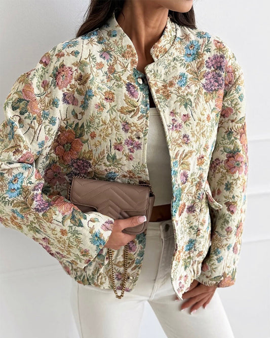 Women's Vintage Floral Jacquard Jacket Elegant Stand Collar Snap Button Loose Fit Coat