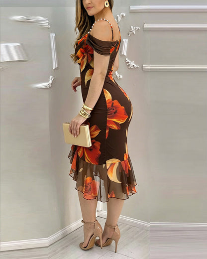 Women's Vintage Floral Print Bodycon Dress Cowl Neck Adjustable Pearls Straps Mermaid Dress Elegant Side Slit Evening Gown