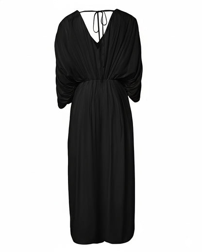 Deep V-Neck Ruched Three Quarters Sleeve Backless Overalls Casual Waist-Gathered Tied Detail Jumpsuit without Belt
