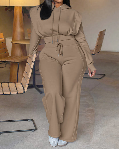 2-teiliges Outfit, langärmliges, kurzes Kapuzenpullover-Sweatshirt mit Kordelzug, Bündchen mit Daumenlöchern und lässigem Jogginghosen-Set mit Kordelzug und elastischer Taille mit weitem Bein 