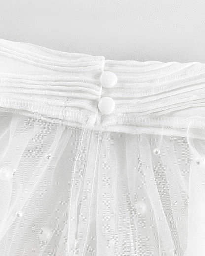 Pearls Decor High Neck Sheer Mesh Spliced Ruched Tee Hollow-out Back Slim Fit Textured Top