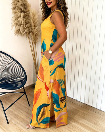Plants Placement Print Square Neck Thick Strap Side Slit Maxi Dress Casual Vacation Dress with Pockets