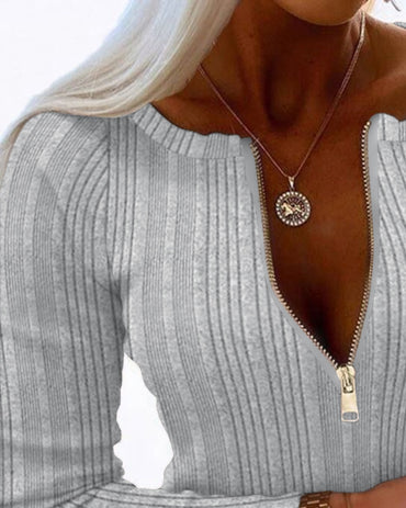 Crewneck Long Sleeve Ribbed Top Half Zipper Design Casual Pullover Tops