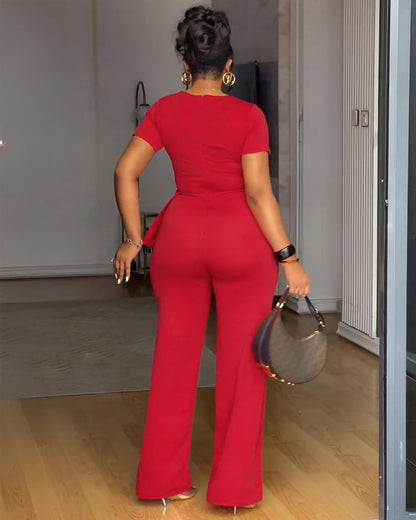 Toggle Button Decor Round Neck Peplum Waist Overalls Casual Zipper Back Wide Leg Jumpsuit