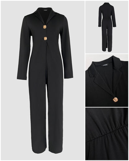 Notched Collar Long Sleeve Button Front Jumpsuit Casual Cinched Waist Wide Leg Faux Two-Piece Jumpsuit