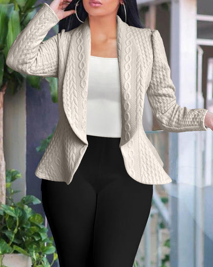 Shawl Collar Long Sleeve Cinched Waist Open Front Jacket Casual Flared Hem Cable Textured Jacquard Coat