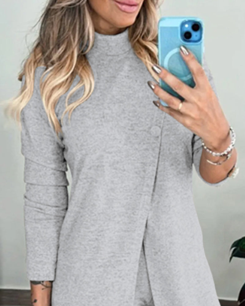 2 Pieces Outfit Mock Neck Long Sleeve Button Decor Slit Mid-Length Top and Stretchy Drawstring High Waist Slim Fit Pants Set