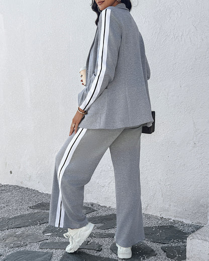 2 Pieces Outfit Notched Collar Single Breasted Pockets Design Coat and Elastic Waist Seam Front Wide Leg Pants Set Casual Contrast Side Striped Blazer Set