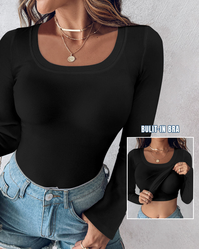 ChicMe Built-in Bra U-Neck Long Sleeve Ribbed Top