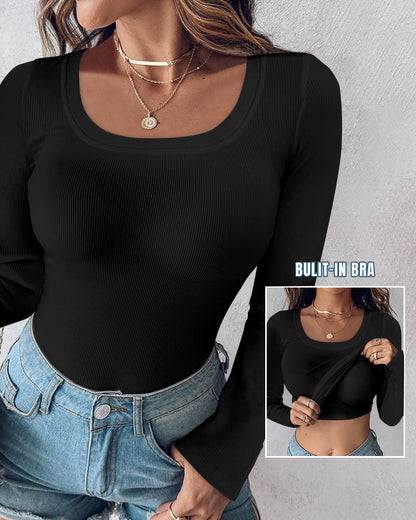 ChicMe Built-in Bra U-Neck Long Sleeve Ribbed Top