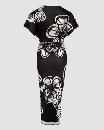 Floral Print Deep V Neck Short Sleeve Ruched Maxi Dress Casual Slit Front Vacation Dress