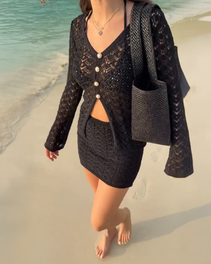 2 Pieces Outfit Deep V-Neck Flare Sleeve Half Pearl Button Front Slit Top and Elastic Waist Skirt Set Casual Slim Fit Knit Set