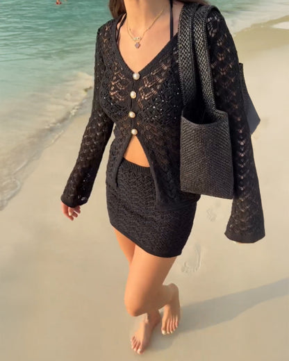 2 Pieces Outfit Deep V-Neck Flare Sleeve Half Pearl Button Front Slit Top and Elastic Waist Skirt Set Casual Slim Fit Knit Set