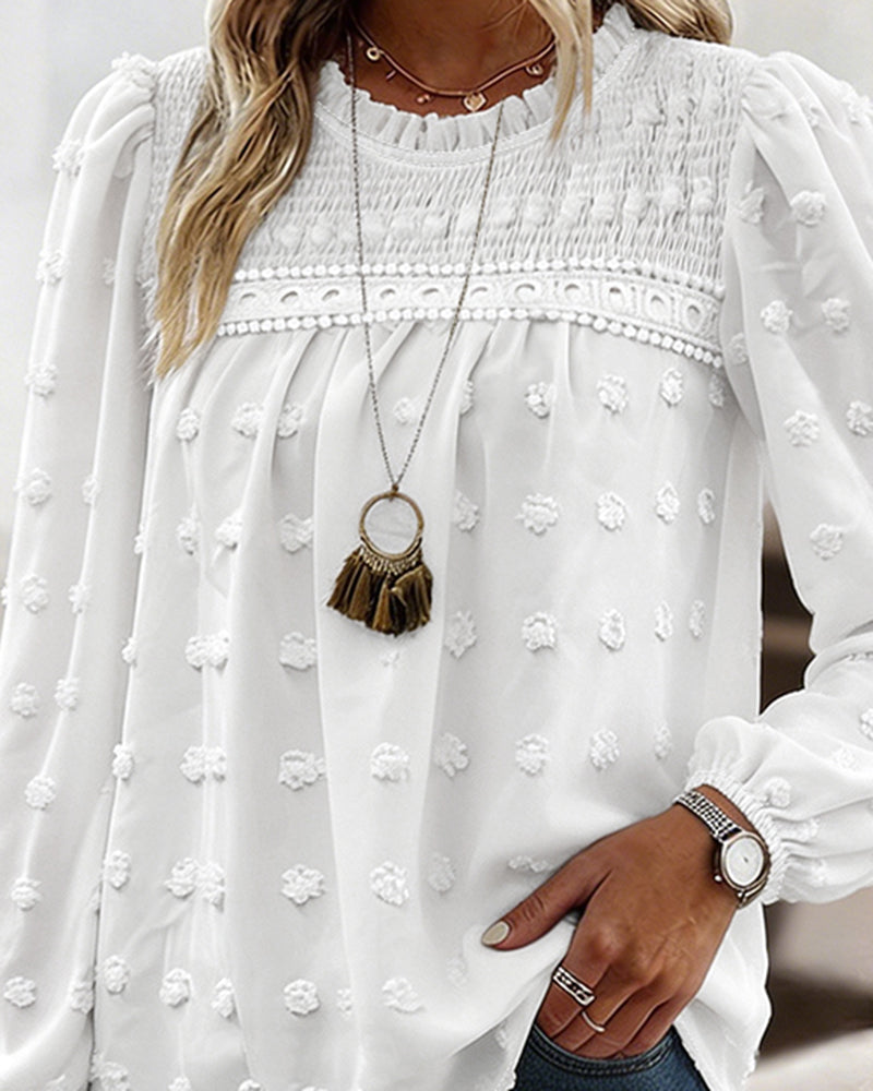 Women's French Style Chiffon Blouse Elegant Frill Trim Stand Collar Top Lantern Sleeve Lace Patchwork Jacquard Shirt