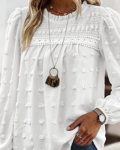 Women's French Style Chiffon Blouse Elegant Frill Trim Stand Collar Top Lantern Sleeve Lace Patchwork Jacquard Shirt