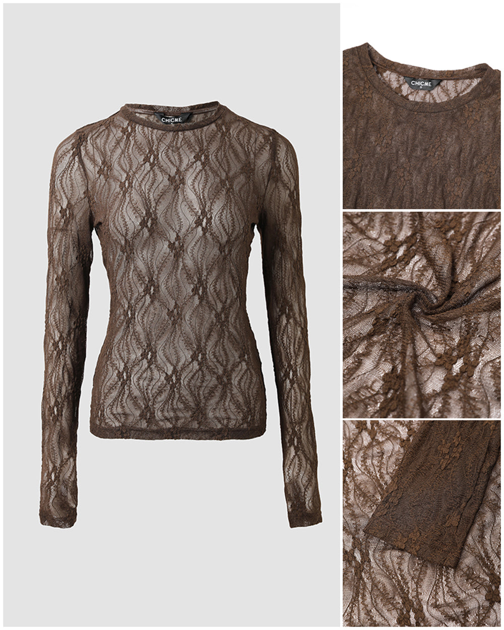 CHICMELIVE Lace Top Sheer Mesh Fitted Shirts for Women with Thumb Holes