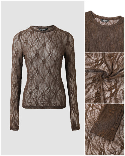 CHICMELIVE Lace Top Sheer Mesh Fitted Shirts for Women with Thumb Holes