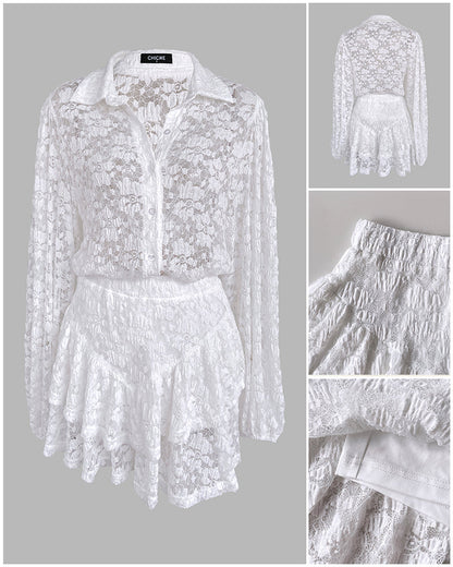 2 Pieces Outfit Turn-down Collar Lantern Sleeve Button Front Sheer Top and Elastic Waist Double Layer Ruffle Hem Skirt Set Casual Jacquard Floral Lace Skort Set