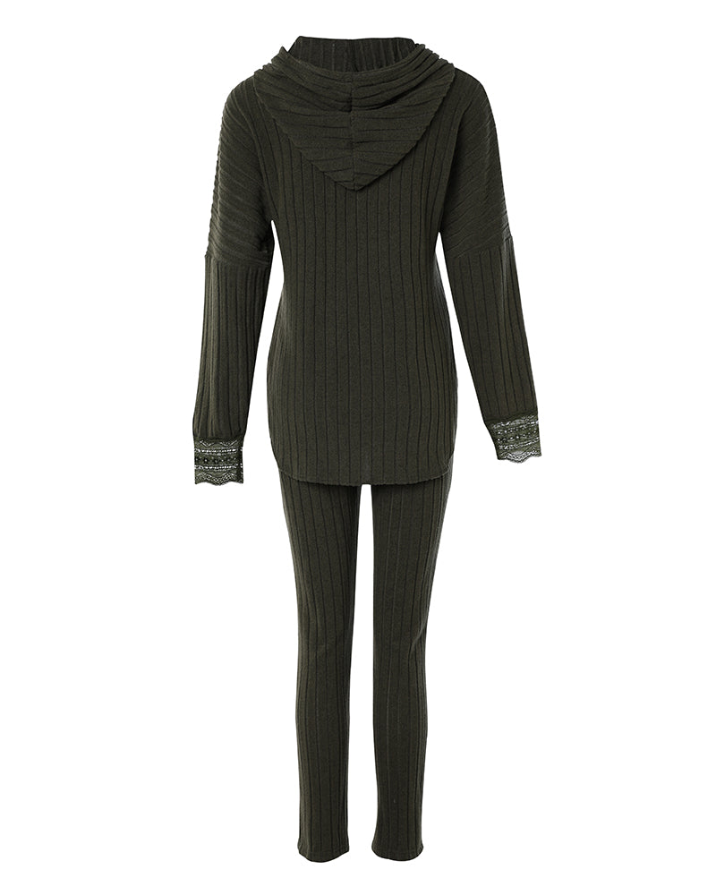 2 Pieces Outfit Drop Shoulder Lace Cuffs Asymmetrical Hem Drawstring Hoodie Top and Elastic Waist Slim Fit Pants Set Casual Brushed Ribbed Set