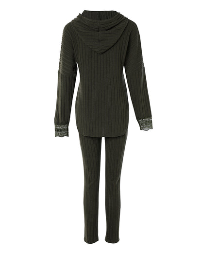 2 Pieces Outfit Drop Shoulder Lace Cuffs Asymmetrical Hem Drawstring Hoodie Top and Elastic Waist Slim Fit Pants Set Casual Brushed Ribbed Set