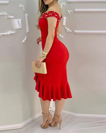 Beaded Details Off The Shoulder Ruffles Hem Slit Bodycon Party Dress