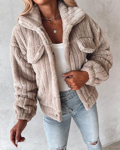 Textured Striped Turn-down Collar Button Front Elastic Cuff and Hem Teddy Fleece Jacket With Decorative Flap Pockets