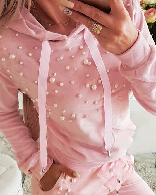 Beaded Hooded Top & Drawstring Pants Set