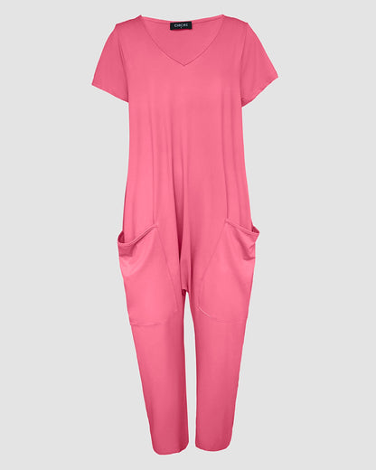 V-Neck High Stretch Tapered Drop-Crotch Casual Jumpsuit With Pockets