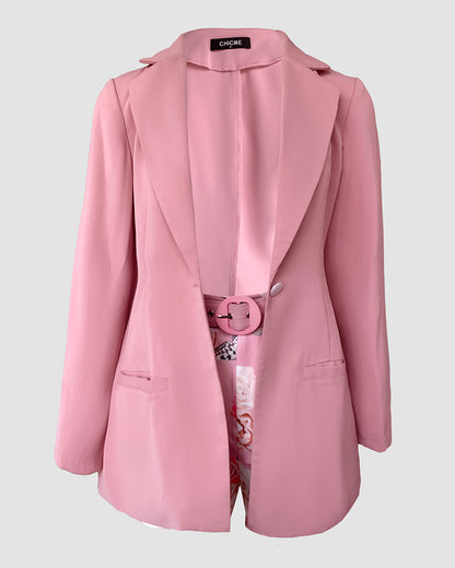 2 Pieces Outfits Notched Collar Long Sleeve Blazer Coat and Floral Print Zipper Fly Shorts Set With Belt