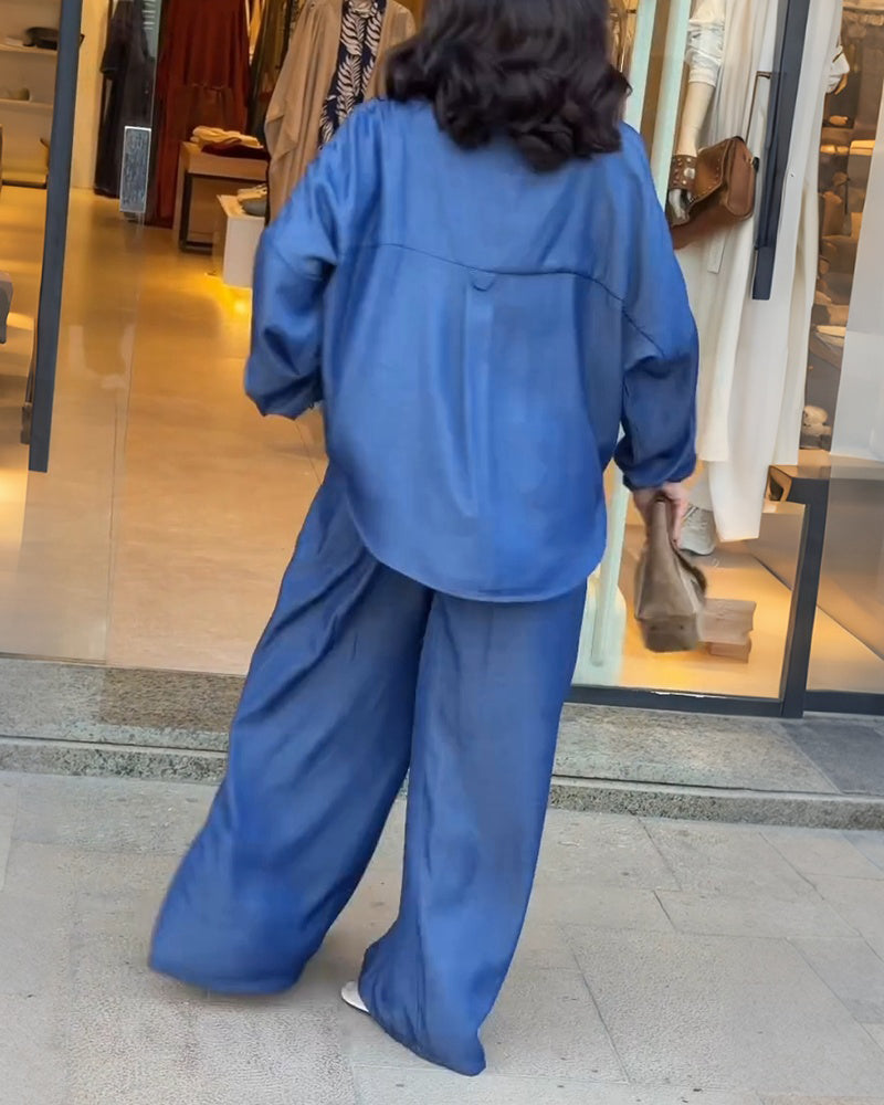 Women's Denim Look 2 Piece Outfits Button Down Shirt and High Waisted Wide Leg Pants Set Casual Commuting Set