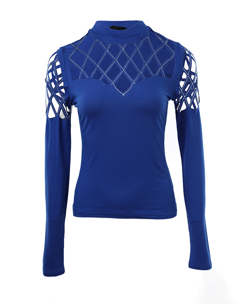 Rhinestone Hollow Out Cold Shoulder Long Sleeve Top Casual Tee