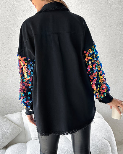 Contrast Sequin Long Sleeve Jacket Top Button Front Raw Hem Loose Fit Shacket