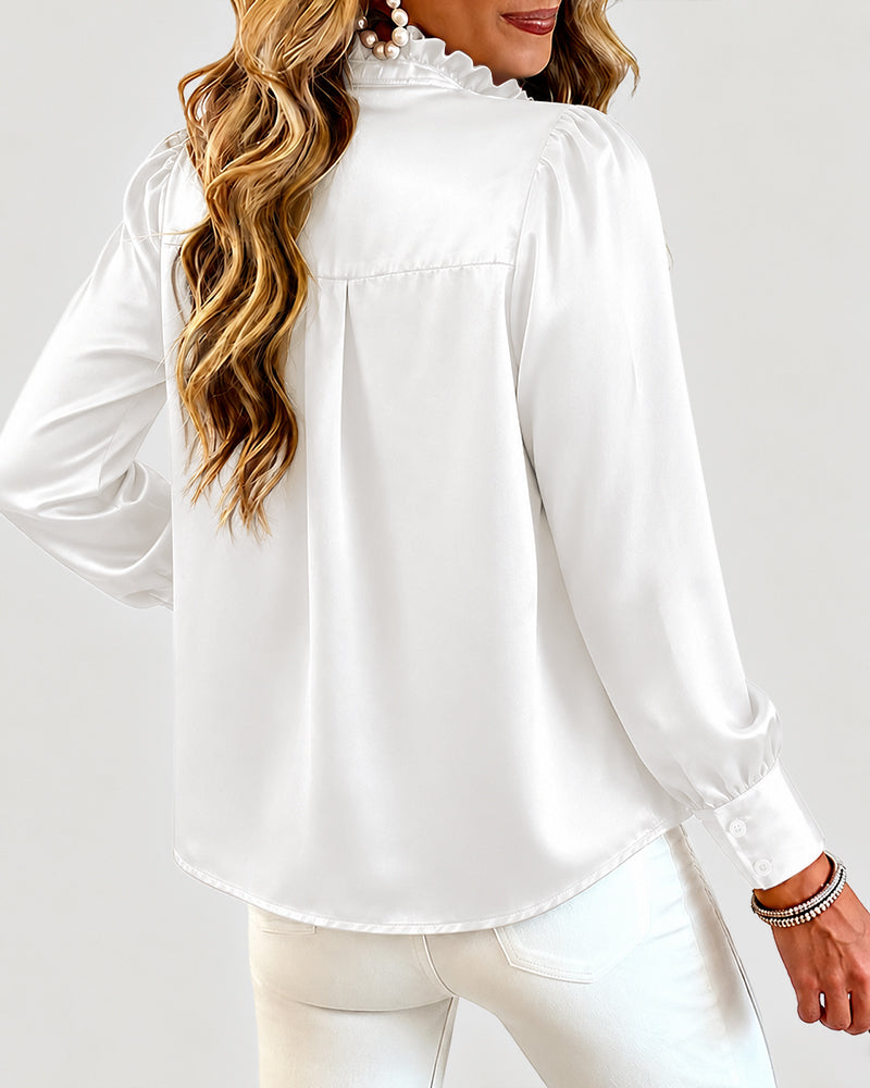 Women's Satin Frill Hem Blouse Long Sleeve Half Button Shirt Elegant Stand Collar Office Work Top