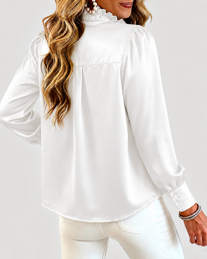 Women's Satin Frill Hem Blouse Long Sleeve Half Button Shirt Elegant Stand Collar Office Work Top