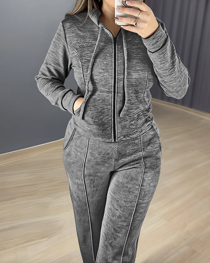 2 Pieces Outfit Long Sleeve Zip Up Drawstring Hoodie Coat and Casual Elastic Waist Seam Front Wide Leg Pants Set