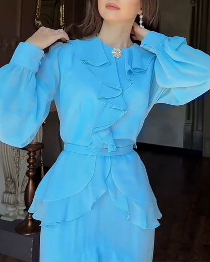 French Style Rhinestone Decor Ruffles Round Neck Lantern Sleeve Asymmetrical Hem Dress Zipper Back Layered Ruffle Hem Chiffon Evening Dress with Belt