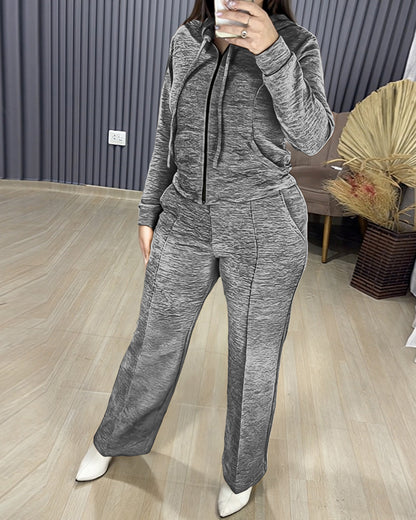 2 Pieces Outfit Long Sleeve Zip Up Drawstring Hoodie Coat and Casual Elastic Waist Seam Front Wide Leg Pants Set
