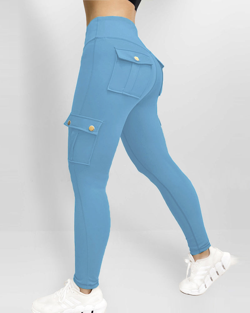 Butt Lifting Leggings with Flap Pockets High Waist Tummy Control Workout Cargo Pants