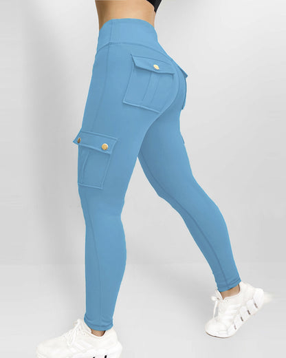 Butt Lifting Leggings with Flap Pockets High Waist Tummy Control Workout Cargo Pants