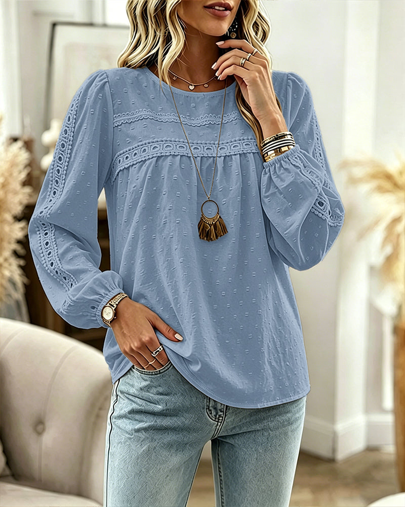 Women's Hollow-Out Lace Spliced Lantern Sleeve Top Elegant 3D Jacquard Chiffon Blouse for Work and Daily Wear