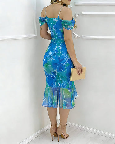ChicMeLive Women's Watercolor Floral Print Mesh Ruffle Hem Dress Stretchy Pearl Strap Cowl Neck Slit Bodycon Dress