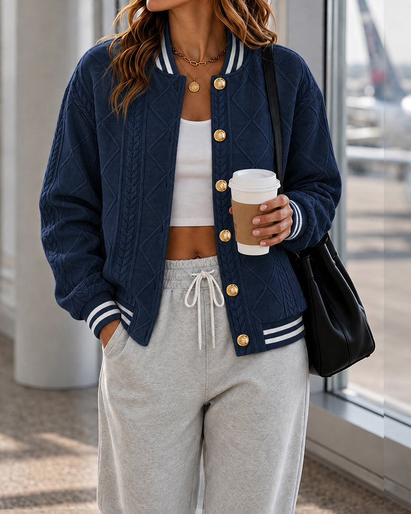 CHICMELIVE Women's Cable Knit Bomber Jacket Casual Button Down Cardigan