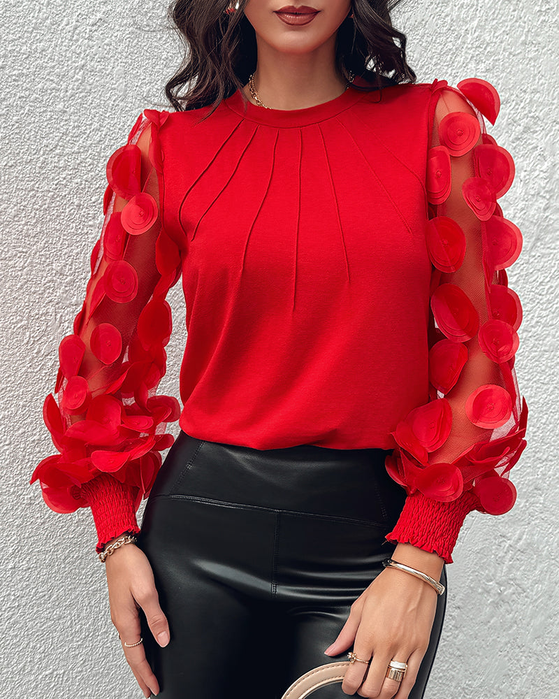 3D Polka Dot Appliques Mesh Long Sleeve Blouse Casual Shirred Cuffs Seam Front Top