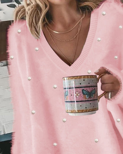 V-Neck Long Sleeve Beaded Decor Oversized Sweater Fluffy Pullover Top