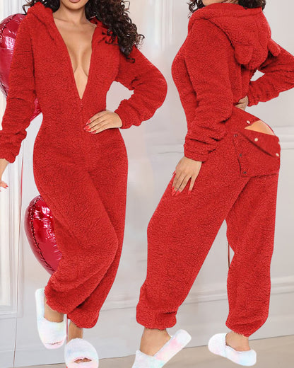 3D Ear Buttoned Flap Functional Fluffy Lounge Jumpsuit