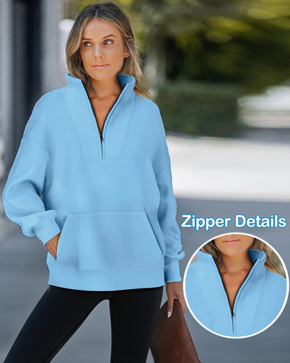 High Neck Half Zip Long Sleeve Kangaroo Pocket Sweatshirt Casual Drop Shoulder Top
