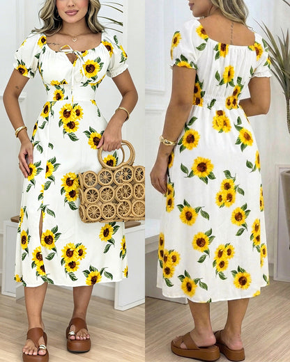 Women's Sunflower Print Midi Dress Puff Sleeve Tie Neck Sundress Shirred Back Slit A-Line Vacation Dress with Lining