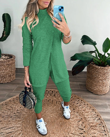 2 Pieces Outfit Mock Neck Long Sleeve Button Decor Slit Mid-Length Top and Stretchy Drawstring High Waist Slim Fit Pants Set