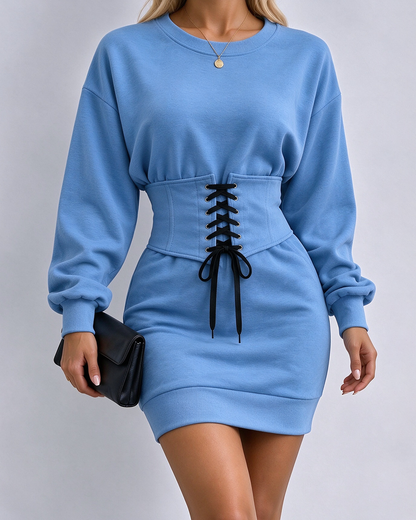 CHICMELIVE Women's Crew Neck Lace-Up Corset Waist Sweatshirt Mini Dress